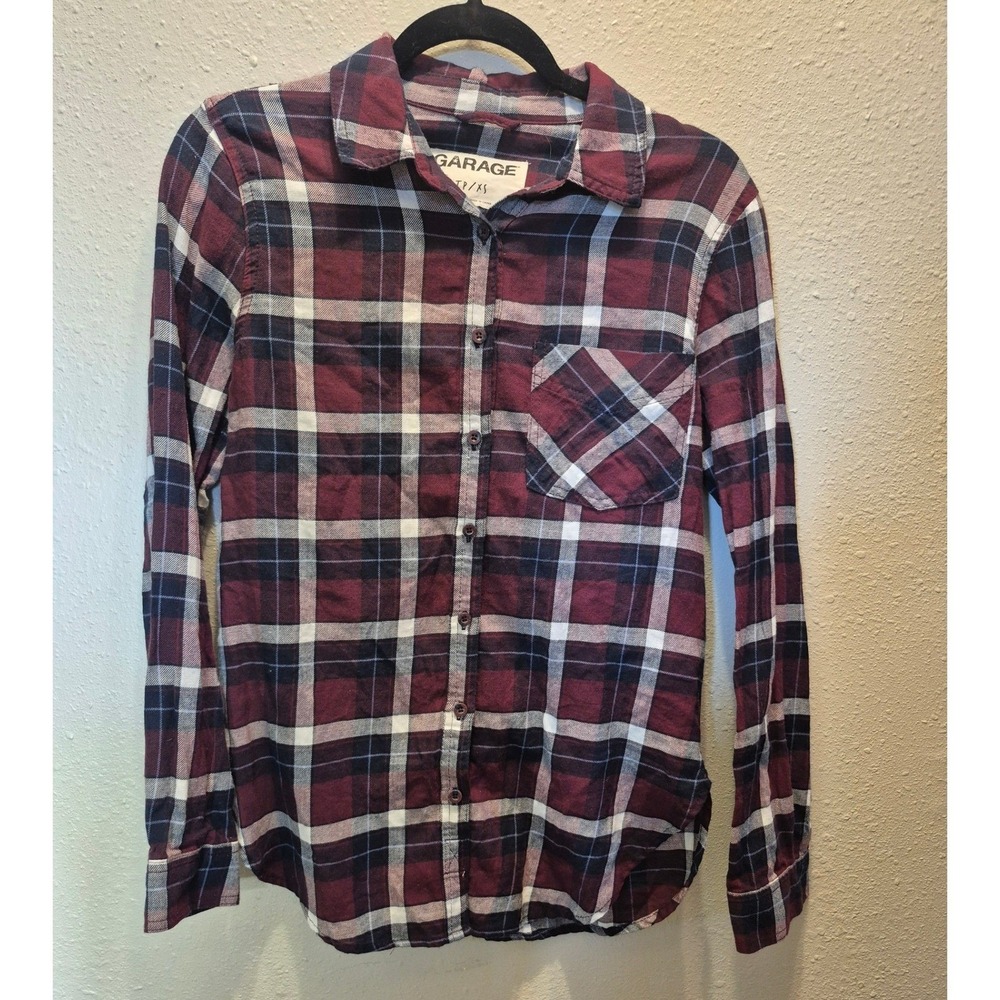 Garage Girlfriend Fit Plaid Flannel Shirt Burgundy Navy Blue XS NWT 100041960